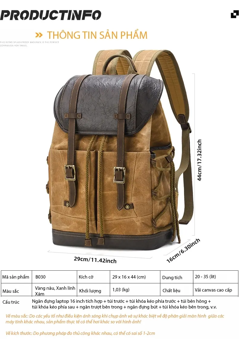 Balo canvas nắp gập retro du lịch, balo phượt, balo laptop 16 inch - B030 balo canvas laptop du lich chong tham nuoc 156 inch b030 18