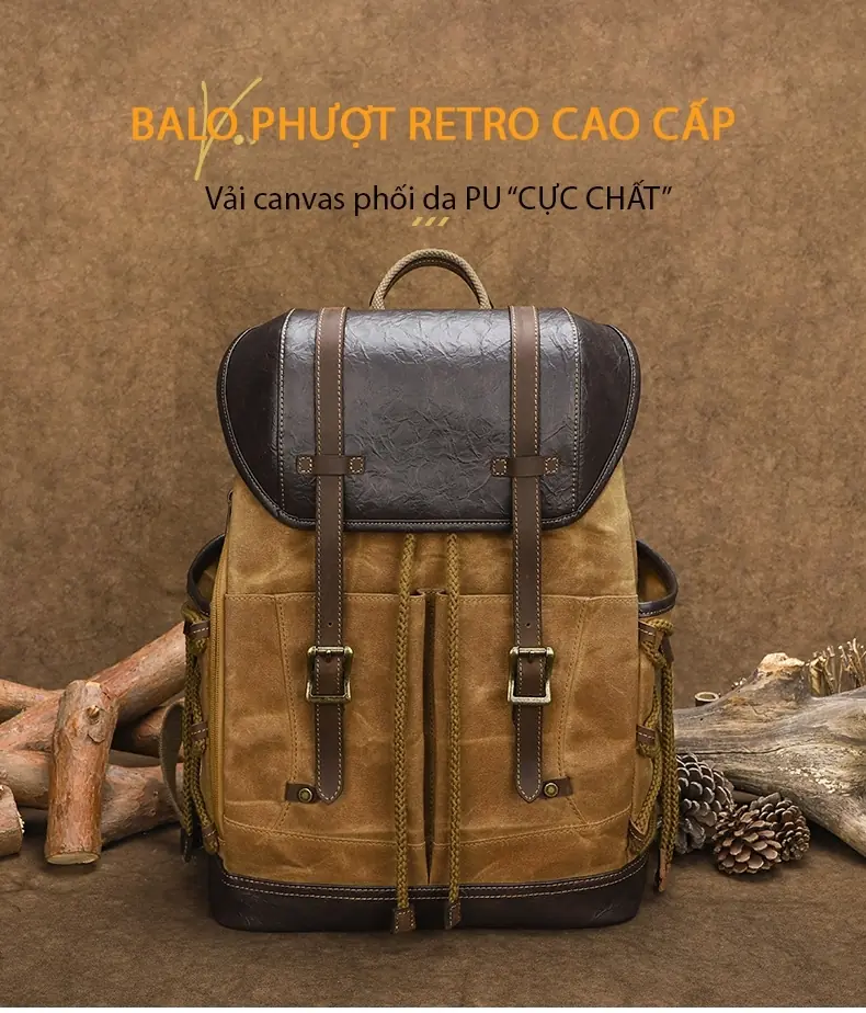 Balo canvas nắp gập retro du lịch, balo phượt, balo laptop 16 inch - B030 balo canvas laptop du lich chong tham nuoc 156 inch b030 20