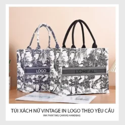 Alternative view of Túi xách nữ, túi xách canvas hoạ tiết vintage in logo theo yêu cầu