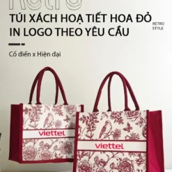 Alternative view of Túi xách nữ vải canvas hoạ tiết hoa cỏ mùi xuân đỏ rượu vang in logo theo yêu cầu