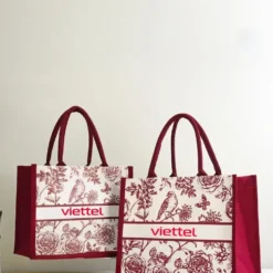 Túi xách nữ vải canvas hoạ tiết hoa cỏ mùi xuân đỏ rượu vang in logo theo yêu cầu